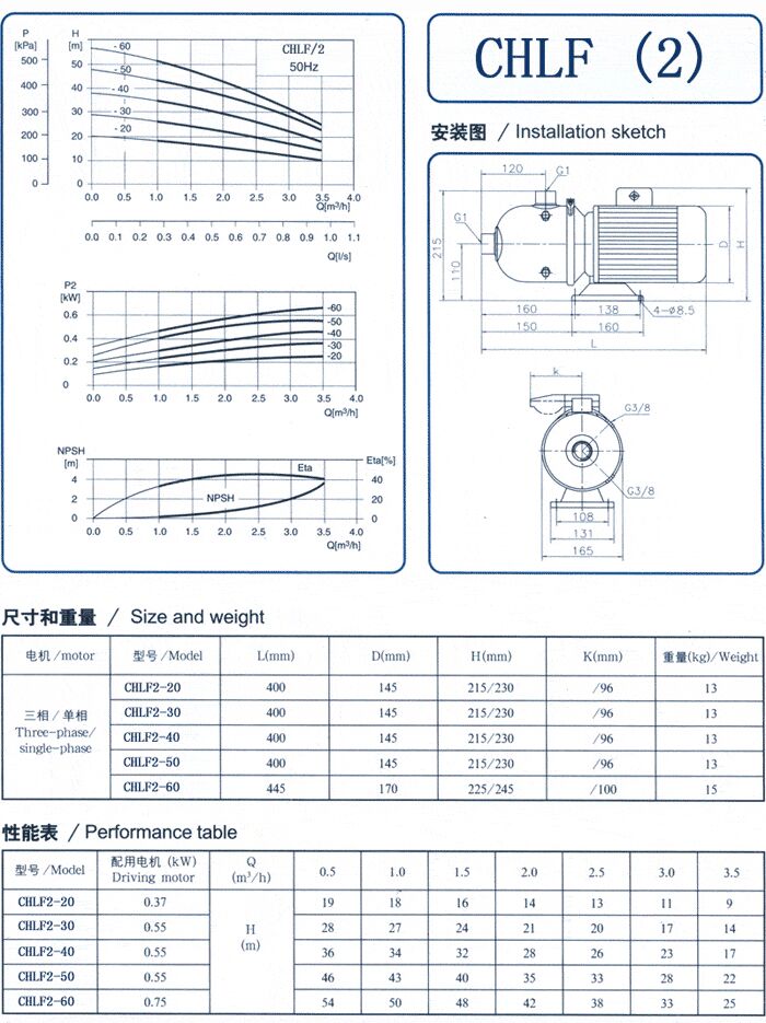 CHLF輕型不銹鋼多級(jí)離心泵尺寸和重量、性能表